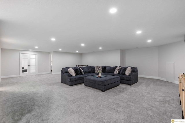 living area featuring recessed lighting, carpet flooring, and baseboards