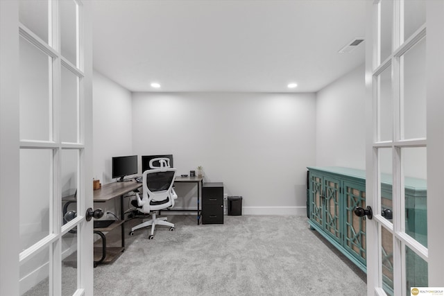 carpeted home office featuring recessed lighting, french doors, visible vents, and baseboards