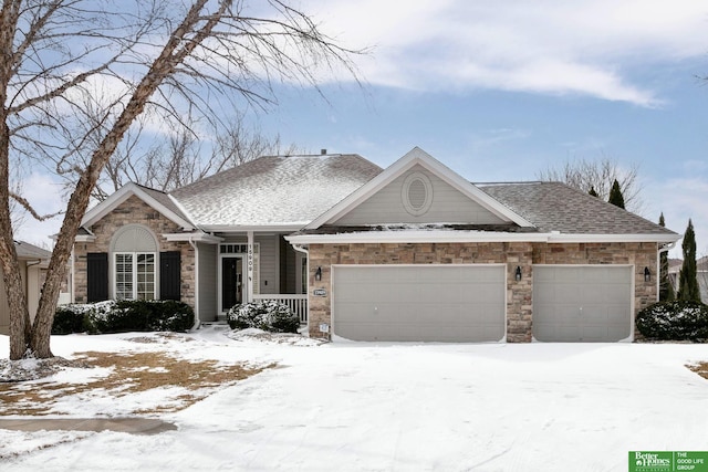 single story home with an attached garage, a porch, and roof with shingles