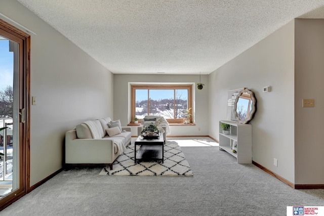 living room with carpet, a textured ceiling, and baseboards