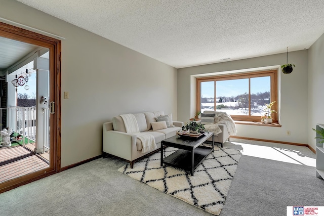 living area featuring a textured ceiling, carpet floors, and baseboards