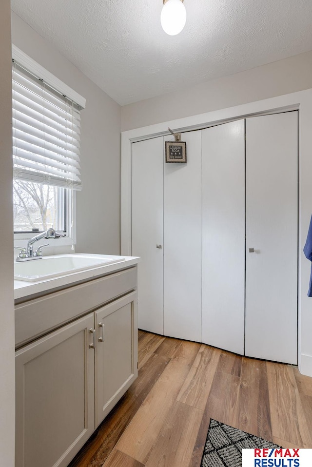 interior space featuring a textured ceiling, vanity, and wood finished floors