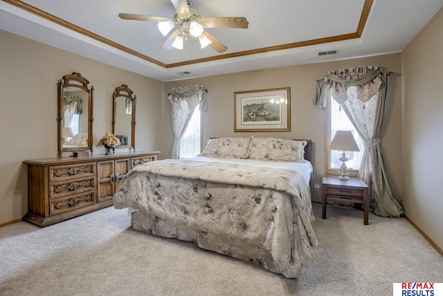 bedroom with multiple windows, carpet flooring, and a raised ceiling