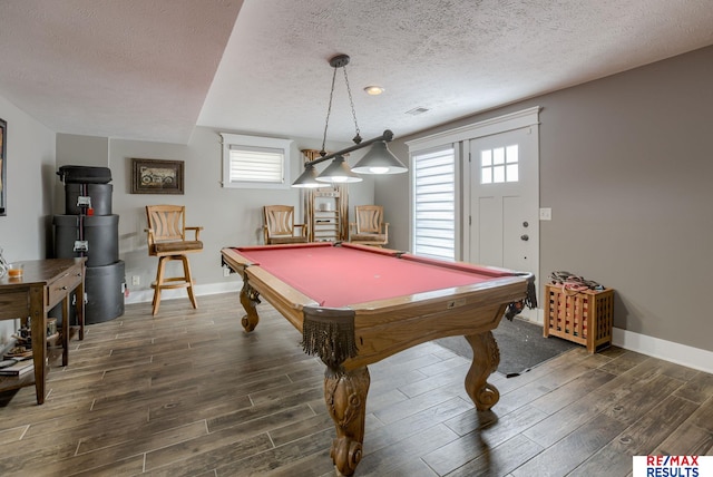 rec room featuring a textured ceiling, billiards, visible vents, baseboards, and dark wood finished floors