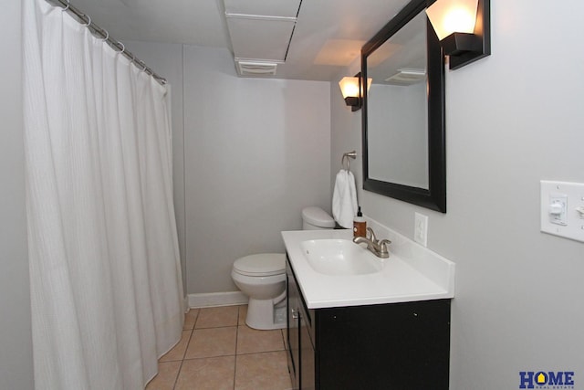 bathroom with toilet, tile patterned flooring, a shower with shower curtain, and vanity