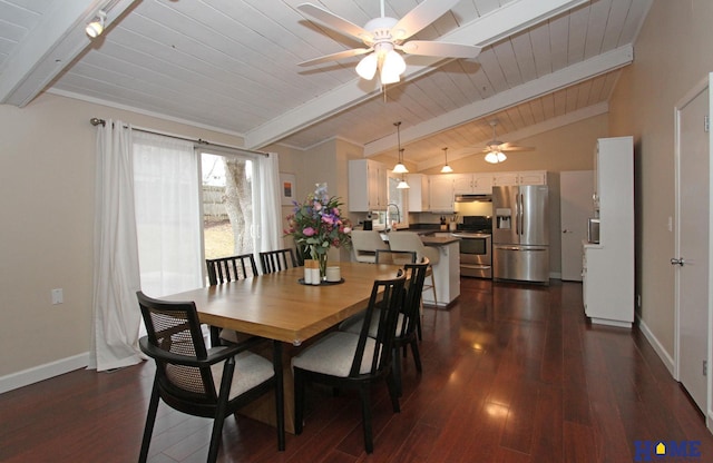 dining area with lofted ceiling with beams, wooden ceiling, a ceiling fan, baseboards, and dark wood finished floors