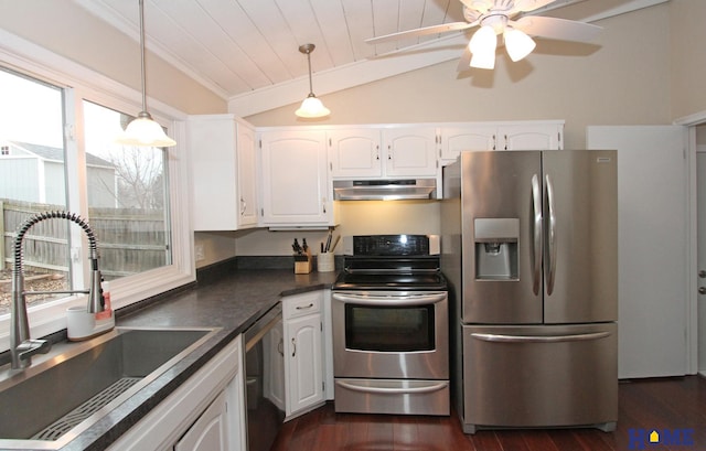 kitchen featuring under cabinet range hood, stainless steel appliances, a sink, white cabinets, and dark countertops