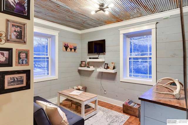 living area featuring wooden ceiling, wooden walls, baseboards, and wood finished floors