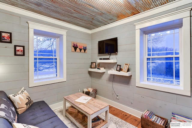 living room featuring wood walls, baseboards, and wood finished floors