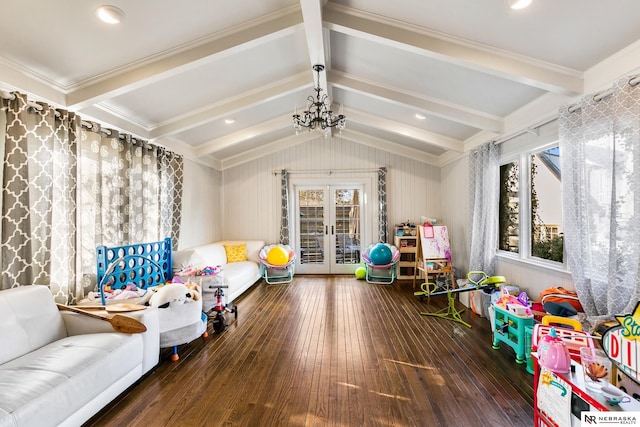 rec room featuring vaulted ceiling with beams, french doors, a wealth of natural light, and hardwood / wood-style floors