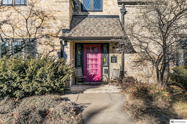 doorway to property with stone siding and roof with shingles