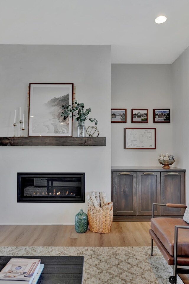 interior space with wood finished floors and a glass covered fireplace