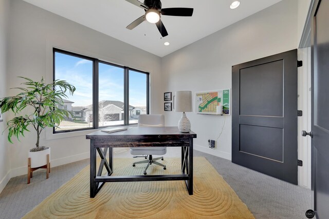 office area with lofted ceiling, recessed lighting, a ceiling fan, and baseboards