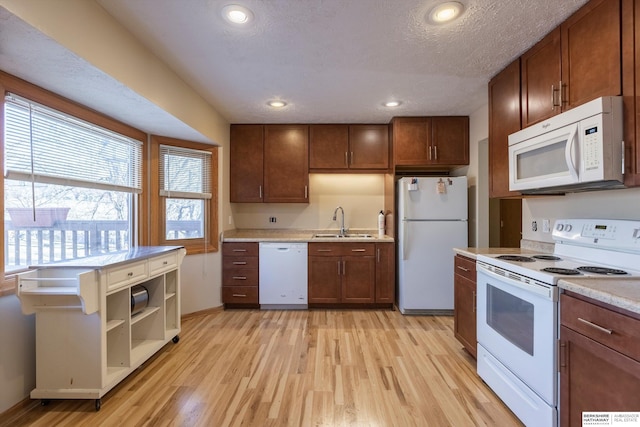 kitchen with white appliances, light wood finished floors, light countertops, a textured ceiling, and a sink