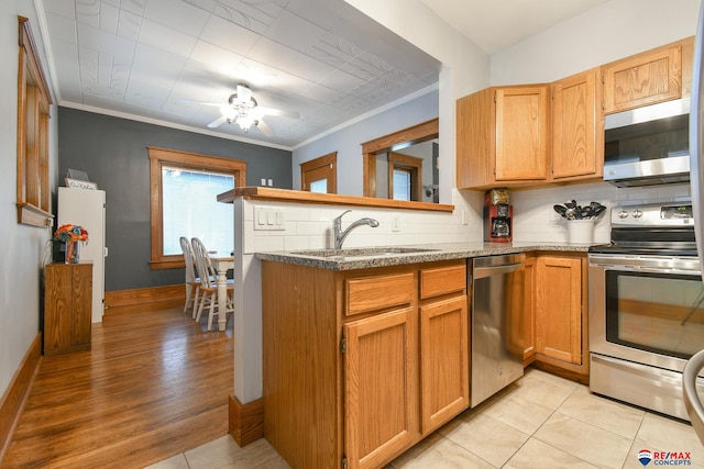 kitchen with ceiling fan, a sink, ornamental molding, appliances with stainless steel finishes, and decorative backsplash