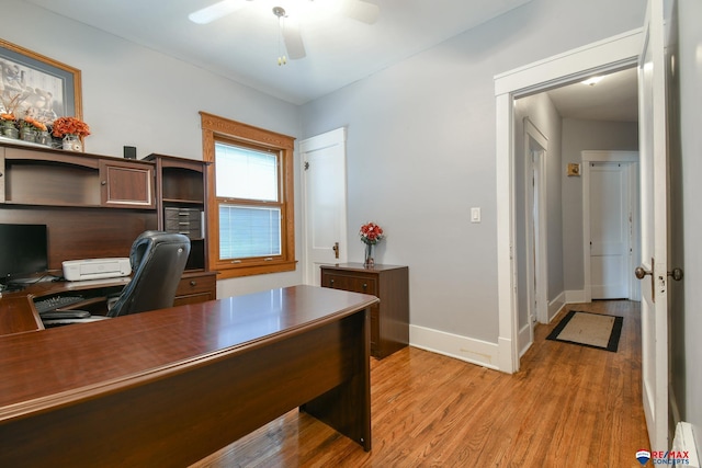 home office featuring a ceiling fan, light wood-style flooring, and baseboards