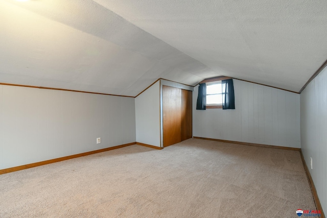 additional living space featuring vaulted ceiling, a textured ceiling, light carpet, and baseboards