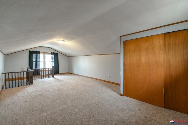 additional living space featuring carpet floors, lofted ceiling, and baseboards