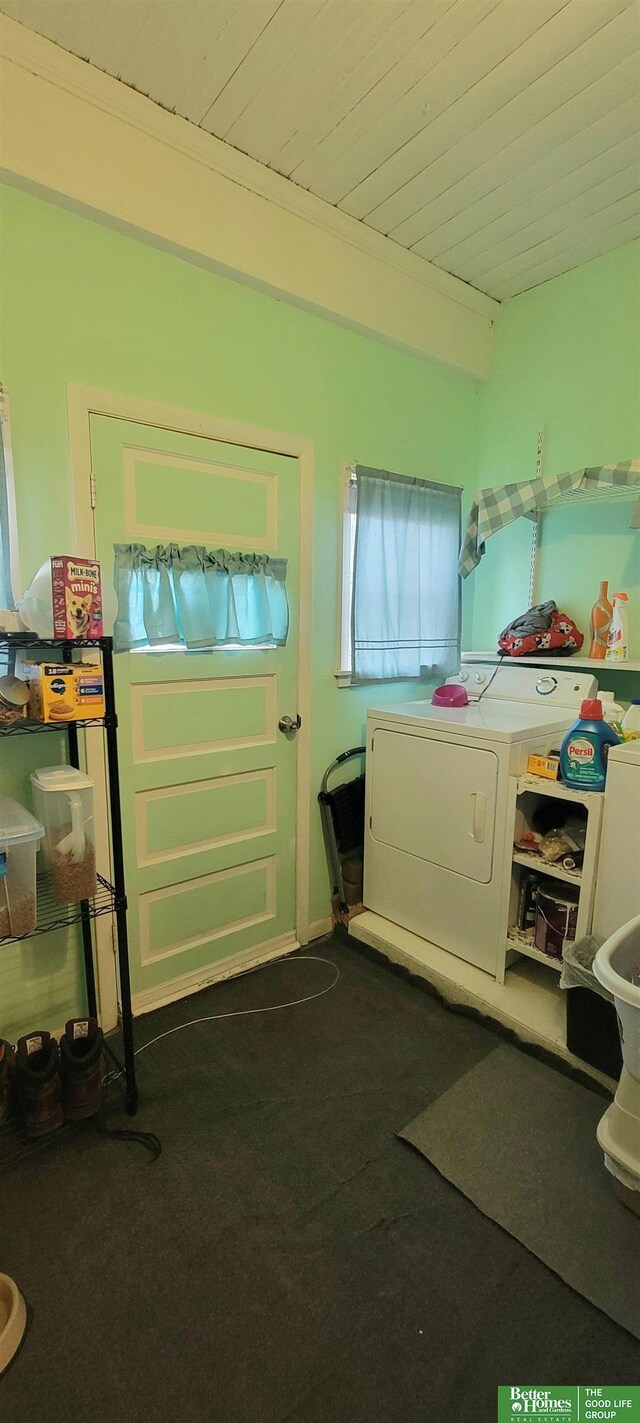 laundry area featuring laundry area, wood ceiling, and washer / dryer