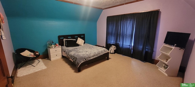 bedroom with a textured ceiling and carpet floors