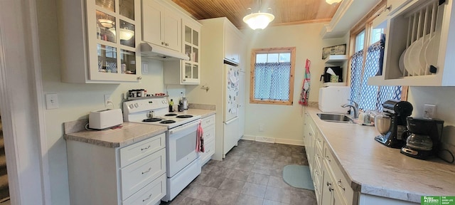 kitchen featuring under cabinet range hood, white appliances, a sink, wood ceiling, and white cabinets