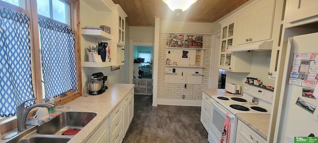 kitchen with glass insert cabinets, white cabinets, a sink, white appliances, and under cabinet range hood