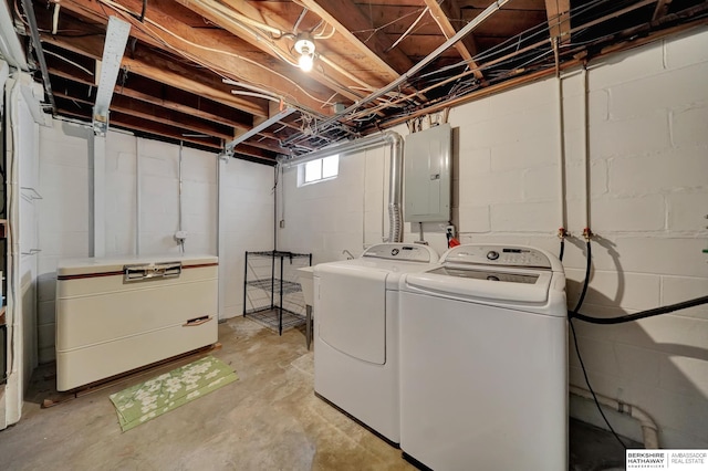 laundry area featuring laundry area, electric panel, and washing machine and clothes dryer