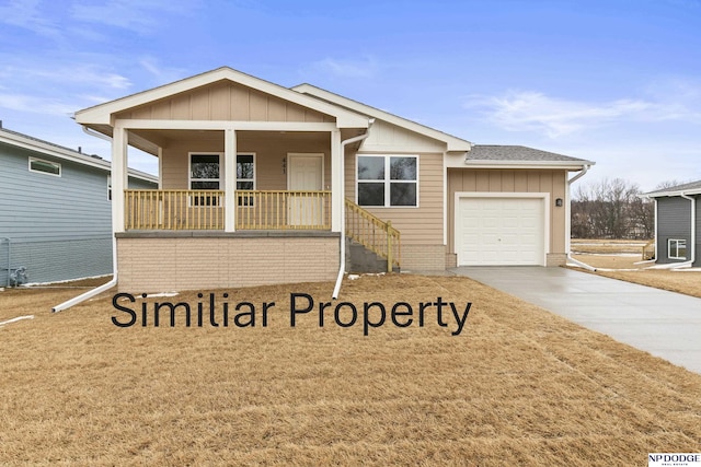 single story home with an attached garage, covered porch, a shingled roof, concrete driveway, and board and batten siding