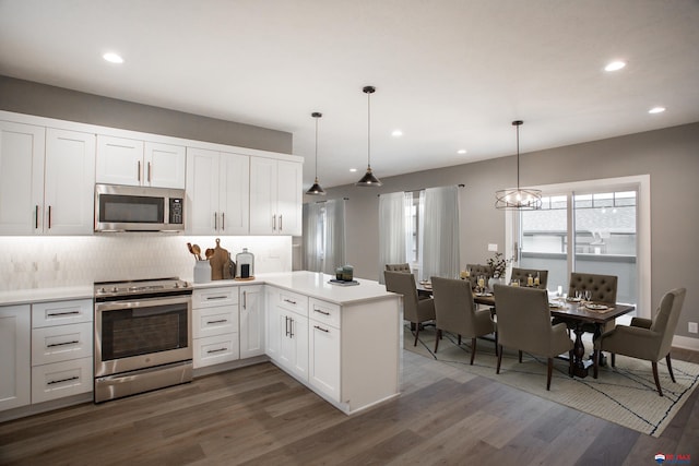 kitchen with tasteful backsplash, a peninsula, stainless steel appliances, dark wood-style floors, and white cabinetry