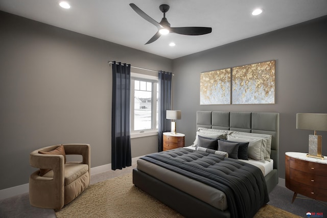 carpeted bedroom with recessed lighting, baseboards, and ceiling fan