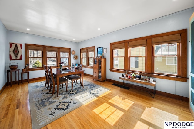 dining room with recessed lighting, visible vents, baseboards, and light wood finished floors