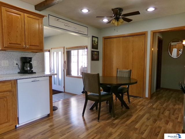 dining area with recessed lighting, wood finished floors, and ceiling fan