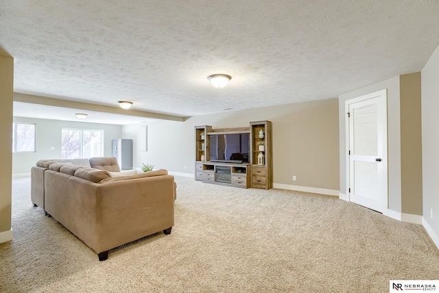 carpeted living room featuring baseboards and a textured ceiling