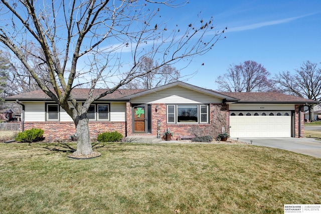 ranch-style home featuring brick siding, an attached garage, driveway, and a front lawn