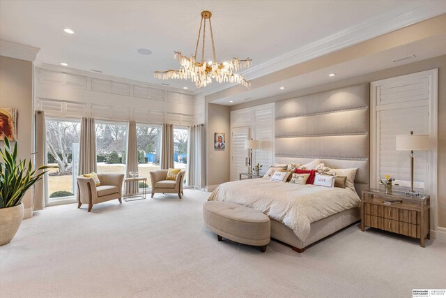 bedroom with recessed lighting, carpet flooring, ornamental molding, and access to outside