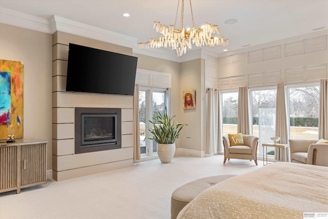 carpeted bedroom featuring a glass covered fireplace, recessed lighting, baseboards, and ornamental molding