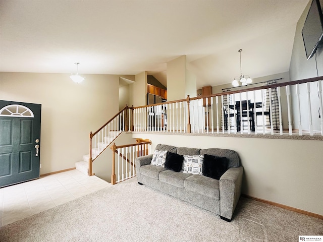 carpeted living area featuring tile patterned flooring, baseboards, stairs, vaulted ceiling, and an inviting chandelier