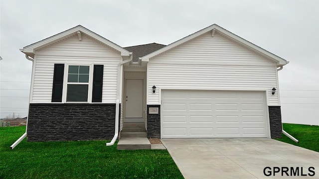 ranch-style home with a front lawn, driveway, a garage, and stone siding