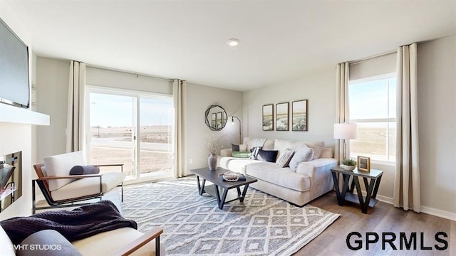 living room with a wealth of natural light, baseboards, a glass covered fireplace, and wood finished floors