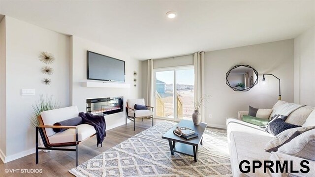 living area featuring a glass covered fireplace, baseboards, and wood finished floors