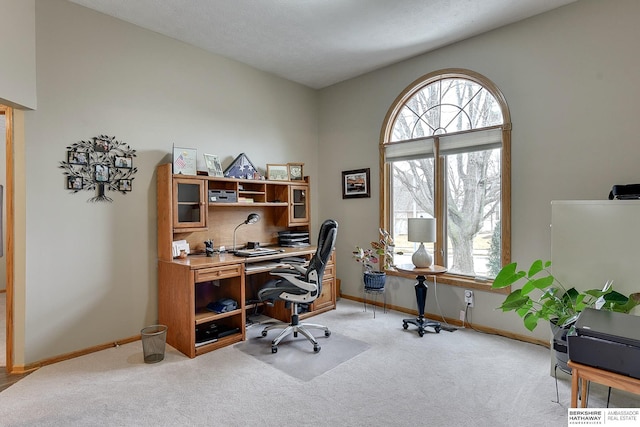 office space featuring a wealth of natural light and light colored carpet