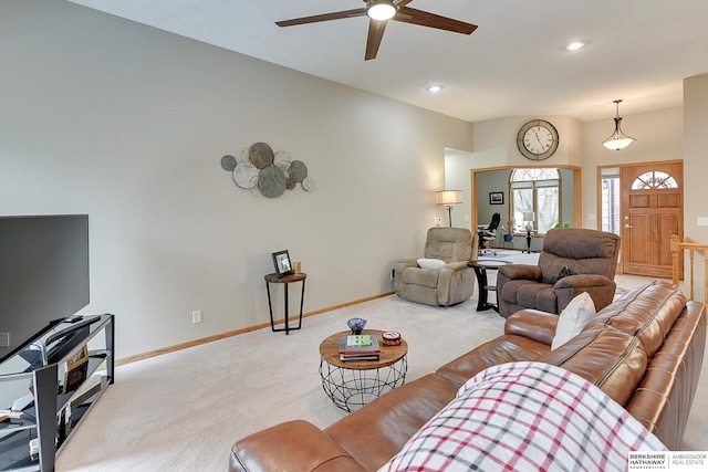 living room with ceiling fan, recessed lighting, baseboards, and light carpet