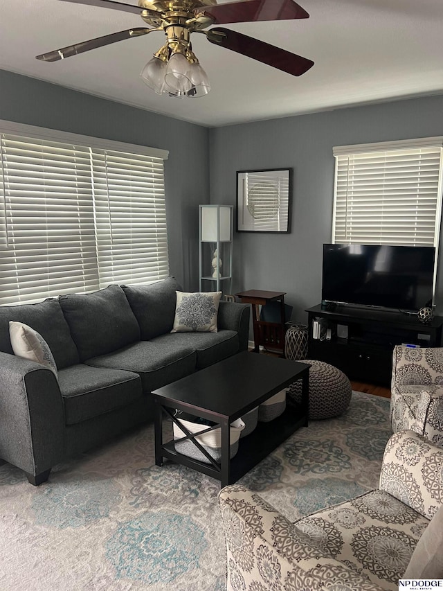 living area with ceiling fan