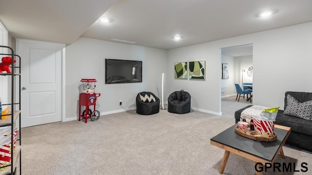 interior space with recessed lighting, baseboards, and carpet