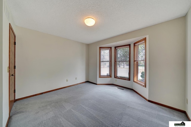 spare room with a textured ceiling, light colored carpet, visible vents, and baseboards