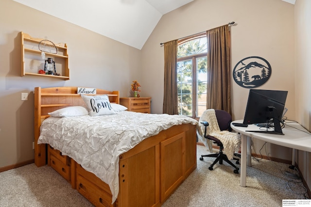 bedroom with baseboards, light colored carpet, and vaulted ceiling