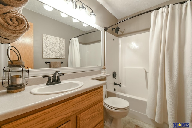 full bath with vanity, toilet, and shower / tub combo with curtain