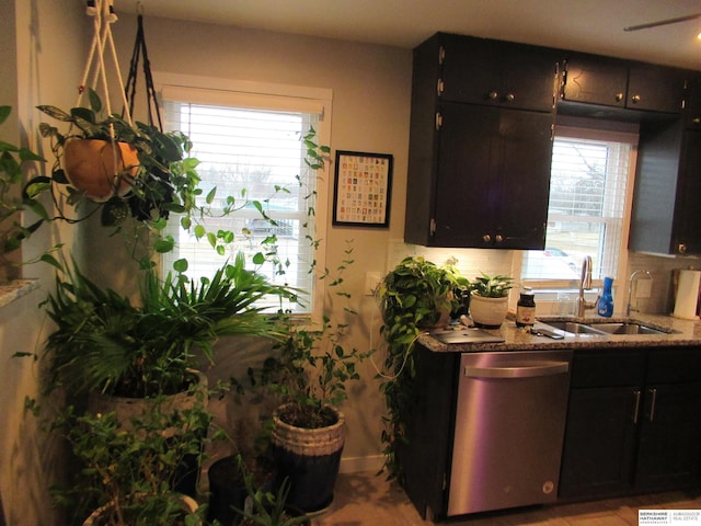 kitchen featuring a sink, tasteful backsplash, dishwasher, and a wealth of natural light