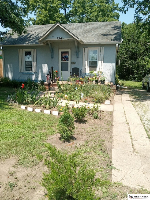 view of front of property with stucco siding, a shingled roof, and a front lawn