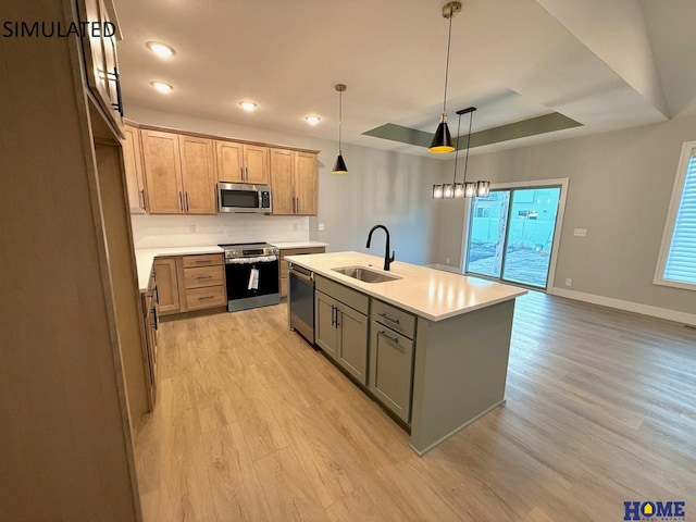 kitchen with light wood-style floors, a tray ceiling, a sink, light countertops, and stainless steel appliances